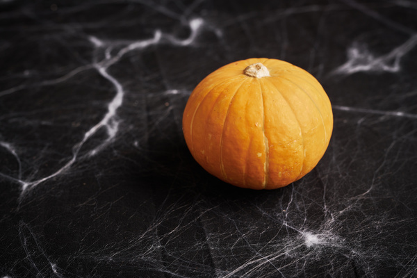 Pumpkins Are on Table with Cobweb